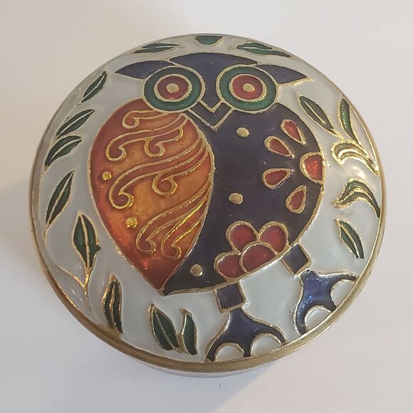 Vintage Enamel Trinket Box Round Brass w/ Lid Painted Owl Design Made in Taiwan - Picture 1 of 9